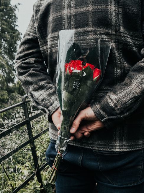A person wearing a dark plaid jacket is holding a fresh floral bouquet consisting of red and white roses, wrapped in clear plastic, with visible green leaves. The bouquet is held behind their back, wi