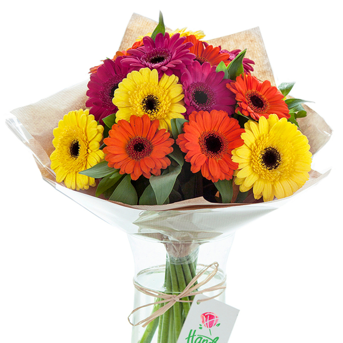 Set against a luminous white canvas, a festive bouquet of Gerbera daisies commands attention, beautifully arranged by the talented team at Florist Motspur Park. The generous display is bursting with hues of golden yellow, bold orange, and vivid magenta-pink, each bloom's dramatic dark center drawing the eye and enhancing the overall sense of lively abundance. Between the daisy heads, a flourish of lush green foliage offers contrast and volume, giving the arrangement a fresh, full-bodied silhouette reminiscent of garden blooms seen at Motspur Park's weekly market. The bouquet is wrapped in textured, soft brown kraft paper, adding a rustic, handcrafted touch which is accentuated further by a crinkled layer of glossy clear cellophane that envelopes the flowers protectively. The elegant, hourglass-shaped vase allows a clear view of the sturdy green stems standing in fresh, clean water, reinforcing the bouquet's air of vitality and elaborate care. At the neck, a length of organic twine is tied into a simple bow, from which hangs a small, rectangular white card, artfully decorated with a red rose illustration and a hint of handwritten text. This scene captures the essence of a well-considered gift, suitable for celebratory occasions, tokens of gratitude, or as a centrepiece gracing tables across Motspur Park and Raynes Park. Each element of the arrangement-from the choice of Gerberas to the finishing touches-reflects the expertise, pride, and community spirit that Florist Motspur Park brings to every bouquet.
