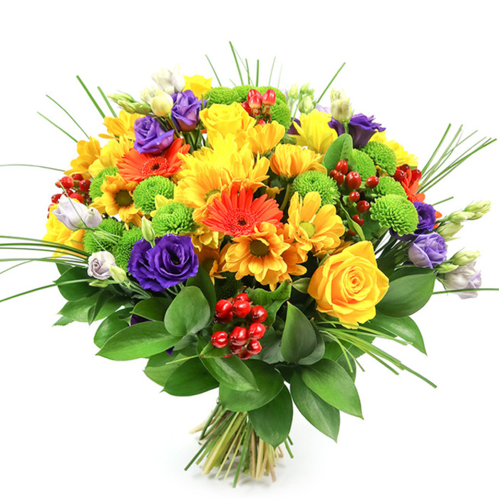 A generously full, rounded bouquet is displayed against a neutral white background, each flower clearly visible as though a Motspur Park florist had paused mid-delivery to capture its beauty. The composition is dense yet harmonious, with every gap filled by petals, leaves, or berries, creating an impression of abundance and celebration. Warm yellow tones dominate the centre, where classic yellow roses with perfectly spiralled cores sit among layers of yellow chrysanthemums and petite daisy-style blossoms, their many small petals forming a soft, sunlit halo. Around and between these, bold orange gerbera daisies emerge, their signature flat faces and neatly arranged petals giving the bouquet a lively, contemporary character. Smaller orange daisy-like flowers echo their cheerfulness, extending the warm palette outward. Deep purple lisianthus add contrast and refinement, their delicate, ruffled petals curling inward like miniature garden roses, interspersed with lighter lavender and white buds that add nuance and a sense of unfolding growth. Bright lime-green button chrysanthemums are tucked throughout, their neat, spherical shapes and intense green providing a playful counterpoint to the larger, more open blooms. Clusters of glossy red hypericum berries, smooth and jewel-like, are strategically nestled among the flowers, introducing a festive touch and a different texture that catches the eye. The entire arrangement is anchored by a collar of dark green foliage-likely Ruscus-with broad, shiny leaves that fan outward to support and frame the colourful centre. Slender, arching blades of ornamental grass rise above and between the flowers, giving the bouquet graceful height and a sense of gentle movement, as though stirred by air drifting across nearby Cannon Hill Common. The stems are clearly visible at the base, neatly bound together, indicating a hand-tied bouquet ready for same-day delivery around Motspur Park for birthdays, thank-you gifts, or simply bringing a splash of colour into everyday life.