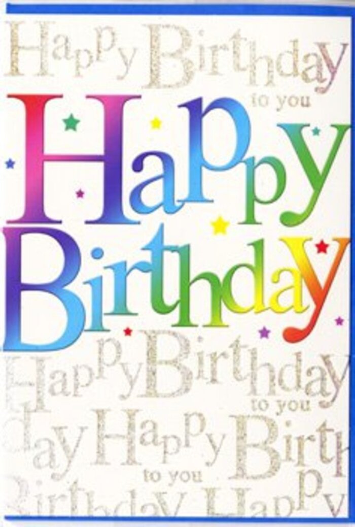 In this photograph, a colourful birthday card stands as the visual equivalent of a cheerful party in Motspur Park, translated into ink and shimmer. The card front is dominated by the greeting "Happy Birthday," printed in large, gently curved letters that give the words a warm, friendly character. Rather than solid blocks, the letters are filled with a beautifully blended rainbow gradient: rich crimson and magenta tones soften into deep violet, slide into inky blue and cool turquoise, then brighten into grassy green and finally mellow yellow, reminiscent of the gradual colour transitions a florist might achieve when arranging mixed stems in a Motspur Park home. The gradient within each letter is smooth, suggesting a brushed or airbrushed effect that adds softness to the bold shapes. Behind this prominent phrase, the background hums with subtler detail. Fine, looping gold script runs in repeated lines, each one spelling out "Happy Birthday to you" in elegant cursive. The golden writing lies slightly behind the rainbow text visually, creating depth as if two layers of sentiment overlapped-the loud, joyful exclamation in front and the quieter, heartfelt refrain behind. The script appears to sparkle gently, hinting at a fine glitter finish that would catch natural light from a nearby window, much like sunlight filtering through trees along West Barnes Lane. Scattered here and there are minuscule glints and dots of metallic gold, echoing the look of confetti settling after a toast. The overall composition balances exuberance and refinement, making the card suitable for both playful and more mature birthday celebrations. It is easy to imagine this card arriving with a same-day flower delivery in Motspur Park, bringing a splash of colour and a sense of genuine celebration into someone's home.
