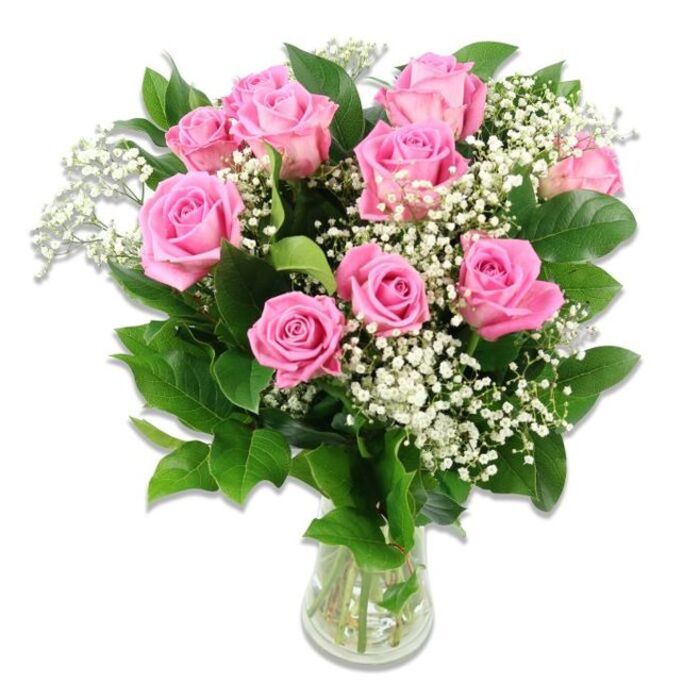 An understated yet luxurious vase of pink roses and baby's breath is set against a pristine white background, creating a serene, almost ethereal composition reminiscent of a peaceful morning in Motspur Park. At the heart of the design is a compact cluster of about a dozen pink roses, arranged in a balanced, rounded form so that each bloom can be appreciated. The petals show a soft, satin-like texture, curling outward from tight centres into broader, gently ruffled edges. Their colour palette stays within the pink family, moving from a light, delicate blush at the outermost petals to a richer, medium pink deep within, giving each flower a sense of dimensionality and life. Interspersed between these roses are generous sprigs of baby's breath. Their countless tiny white blossoms appear like scattered stars across a pale sky, adding volume while maintaining a light, airy feeling that keeps the arrangement from appearing heavy. The bouquet is further enriched by deep green leaves that cluster around the base and peek through between blooms. These leaves provide a strong contrast, focusing the eye on the flowers and grounding the piece visually. All elements come together in a simple, clear glass vase, which holds a modest pool of clear water. Through the glass, one can see the neatly gathered green stems, angled slightly but orderly, as though freshly trimmed on the workbench of a local Motspur Park florist. Bright, diffused lighting gently illuminates the bouquet, casting no harsh shadows, but instead emphasising the freshness of the blooms and the fineness of each petal edge. This arrangement feels especially fitting for celebrating a newborn, a baby shower, or a quiet family gathering in Motspur Park, sending a message of tenderness, love, and hope.