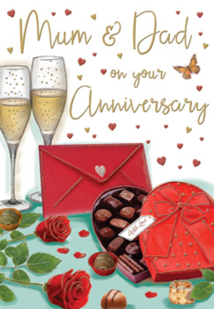 In this anniversary card design, the artist has created a welcoming, romantic still life that might easily belong on a table in a Motspur Park home, just after an evening meal. Two elegant champagne flutes stand near the back, tall and slender, their clear glass catching soft reflections. Inside, gentle currents of golden champagne rise in tiny bubbles, suggesting movement and anticipation, as if the glasses are moments away from clinking together in a toast. Dominating the foreground is a decadent heart-shaped box of chocolates, coloured a deep, almost velvety red, and wrapped with a sumptuous bow whose long tails curl in loose, elegant arcs. The lid is hinged back to reveal a selection of glossy chocolates nestled in neat little compartments, each piece catching tiny spots of light to hint at creamy centres and indulgent fillings, like treats picked up from a favourite patisserie on the way home through West Barnes. A few chocolates lie loosely around the box, adding an easy, unhurried feel. To one side, two vivid red roses rest gracefully, their petals layered in soft, rounded whorls that seem almost three-dimensional, with cool green leaves peeking out beneath and around them, providing freshness and contrast. Above and around this arrangement, small red and golden hearts drift across the card, giving a sense of romantic sparkle, like sprinkles of confetti caught in a gentle breeze. At the front, a striking red envelope lies closed but prominent, its pointed flap suggesting a personal note written with care, perhaps to "Mum & Dad" marking another year together. The entire composition is bathed in warm, ambient light that makes the glass glimmer and the roses glow, creating a mood of gratitude, tenderness, and celebration rooted in everyday family life.