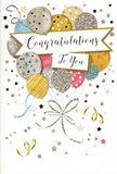 The front of this congratulations card captures the essence of a stylish party in paper form, a design that feels perfectly suited to celebrations throughout Motspur Park, from quiet cul-de-sacs to the busy streets near the station. At its heart, a generous spray of illustrated balloons rises in an airy bouquet from the lower part of the card, filling the central space with rounded shapes that overlap and gently lean into one another. The balloons are coloured in soft, sophisticated tones: muted gold, warm champagne, gleaming silver, serene sky blue, romantic blush pink, and a grounding shade of grey. Each one is adorned with delicate detailing-glitter-lined stripes, scattered metallic stars, and tiny speckles that hint at a shimmery texture, as if you could feel the raised sparkle beneath your fingers. Fine ribbons, drawn in metallic gold and silver, dangle from the balloons, curling and looping downward before gathering into a loose, elegant tangle near the base-almost like cascading stems of foliage in a floral design. Stretching across the centre, a curved banner bears the words "Congratulations To You" in an ornate, flowing script that is subtly embossed, giving it dimension and a refined finish. Surrounding this main composition, the pale background is dusted with small stars, confetti-like dots, and graceful swirls, suggesting the slow, joyful drift of party confetti after the moment of applause. The overall atmosphere of the image is one of warmth, pride, and light-hearted festivity, making this card an ideal companion to a fresh bouquet delivered locally for exam success, new beginnings, work achievements, or any milestone worth cherishing in Motspur Park.