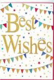 This image features a joy-filled "Best Wishes" card, whose design feels as bright and inviting as the community around Motspur Park. In the centre, the phrase "Best Wishes" is written in flowing, embellished gold lettering that appears slightly raised, giving it a luxurious, tactile shimmer. The glitter within the gold ink catches the light in soft glints, making the words seem alive with quiet movement, as though echoing a spoken toast. The background remains a pure, smooth white, offering a calm stage that keeps the message clearly legible while allowing the surrounding decorations to glow with colour. Across the top and bottom of the card stretch curved lines of bunting, each string forming a graceful arc that frames the central text, reminiscent of decorations hung for a street party near the shops and cafés by Motspur Park station. The small triangular flags along the bunting are painted in a lively palette-deep blues, bright reds, fresh greens, warm yellows, and other jewel-like tones. Some carry simple patterns such as stripes or polka dots, lending a handcrafted, slightly whimsical charm. Scattered throughout the spaces between the bunting are tiny stars and circular confetti dots in coordinating colours, hovering like a shower of festive paper frozen mid-fall. These details create a sense of movement, joy, and spontaneity, conveying celebration without a single extra word. The card feels versatile yet personal, perfect for sending congratulations on a new job, success at school, a house move, or any milestone that deserves warm encouragement. Slipped inside a bouquet delivered locally, it would carry your heartfelt wishes in a way that feels both cheerful and sincerely thoughtful.