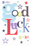 A bold, cheerful good luck card lies against a clean white background, its message spelled out in oversized letters that dance across the page like confetti at a Motspur Park celebration. The words "Good Luck" are arranged in a joyful jumble of fonts and colours: a huge, rounded pastel-blue "g" curls across the left side, while deep red, mossy green, inky navy, and rich violet characters stack and overlap with playful confidence. Each letter looks as if it has been chosen by a careful designer, much like a florist picking just the right stem, giving the phrase both warmth and a sense of occasion. Scattered around the typography, tiny stars tumble and spin in every direction, from soft lavender and sky-blue to darker indigo and midnight tones, creating the feeling of a night sky over the railway arches and rooftops of Motspur Park. The stars range from crisp and bold to faint and whisper-soft, suggesting layers of wishes, hopes, and support. The card's surface appears perfectly smooth and matte, the kind of high-quality cardstock you instinctively want to run your fingertips over, catching the subtle raised feel of the ink. There is no clutter beyond the words and stars; the generous white space lets the design breathe, just as a thoughtful florist at Florist Motspur Park leaves air between blooms so each colour can shine. The overall mood is one of upbeat encouragement and fresh starts, ideal for slipping alongside a bouquet being delivered for an exam, a new job in nearby New Malden, or a big move across London. This card feels like a small but powerful token of belief, quietly promising that luck, like the stars scattered across its face, is already gathering around the person who receives it.