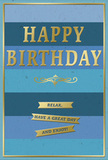 This refined birthday card features a tranquil palette of blues accented with elegant gold, evoking a relaxed celebration in Motspur Park. The front is arranged in broad horizontal bands of blue, shifting gradually from deep navy at the lower edge to rich teal, ocean blue, and finally a lighter, airy sky blue near the top, creating a soft ombré effect. Centred across these stripes, the greeting HAPPY BIRTHDAY appears in generous embossed capital letters, rendered in metallic gold that glows gently when illuminated, like evening light on nearby rooftops. Beneath the main text, a graceful golden flourish curls across the card, giving a nod to classic decorative motifs and adding a subtle touch of romance. Below this ornamental detail, three slender gold banners are lined up vertically, each one carrying part of the same warm sentiment: Relax, have a great day and enjoy! The banners feel like quiet invitations to slow down and truly appreciate the day. A fine gold edge completes the design, framing the blues within a neat, luminous border. The card stock appears smooth and substantial, while the gold elements seem slightly raised and glossy, offering an appealing contrast in texture. The mood is gentle, tasteful, and assured, well suited to someone who enjoys calm colours and understated style. You can easily imagine this card displayed alongside a vase of freshly arranged flowers delivered in Motspur Park, the natural shapes and scents of the bouquet softening the clean lines of the card and helping to create a birthday atmosphere that is both soothing and sincerely celebratory.