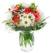 This bouquet, thoughtfully arranged by Motspur Park's local florists, radiates cheerfulness and understated elegance-like a spring morning in Langham Gardens. At its centre, plush coral carnations unfurl in exuberant ruffles, surrounded by pure white chrysanthemums and classic daisy-like flowers, each with greenish-yellow centres that sparkle in natural light. Wispy sprigs of baby's breath weave between the larger blossoms, imparting a soft, ethereal quality to the ensemble. From the side, closed magenta alstroemeria buds introduce depth and anticipation, while broad, glossy green leaves and slender foliage form a graceful underpinning for the arrangement. Resting in a transparent glass vase, the stems are magnified in clear water, heightening the sense of just-picked freshness. The bouquet stands alone against a pristine white background immersed in even, gentle daylight, its vibrant colours and textures quietly celebrated. Ideal as a birthday surprise, thank you token, or source of comfort, this arrangement brings Motspur Park's natural beauty indoors, adding a breath of local brightness and renewal wherever it's placed.